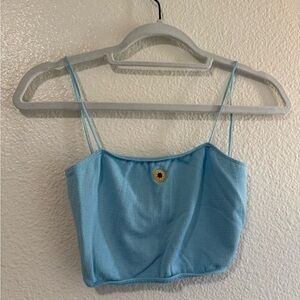 Blue Spaghetti Strap Crop Top with Floral Accent
